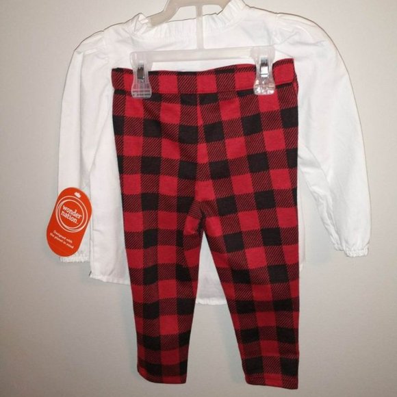NEW baby/toddler girl 2 piece outfit, white shirt, red/black checkered pants, si - Picture 3 of 3